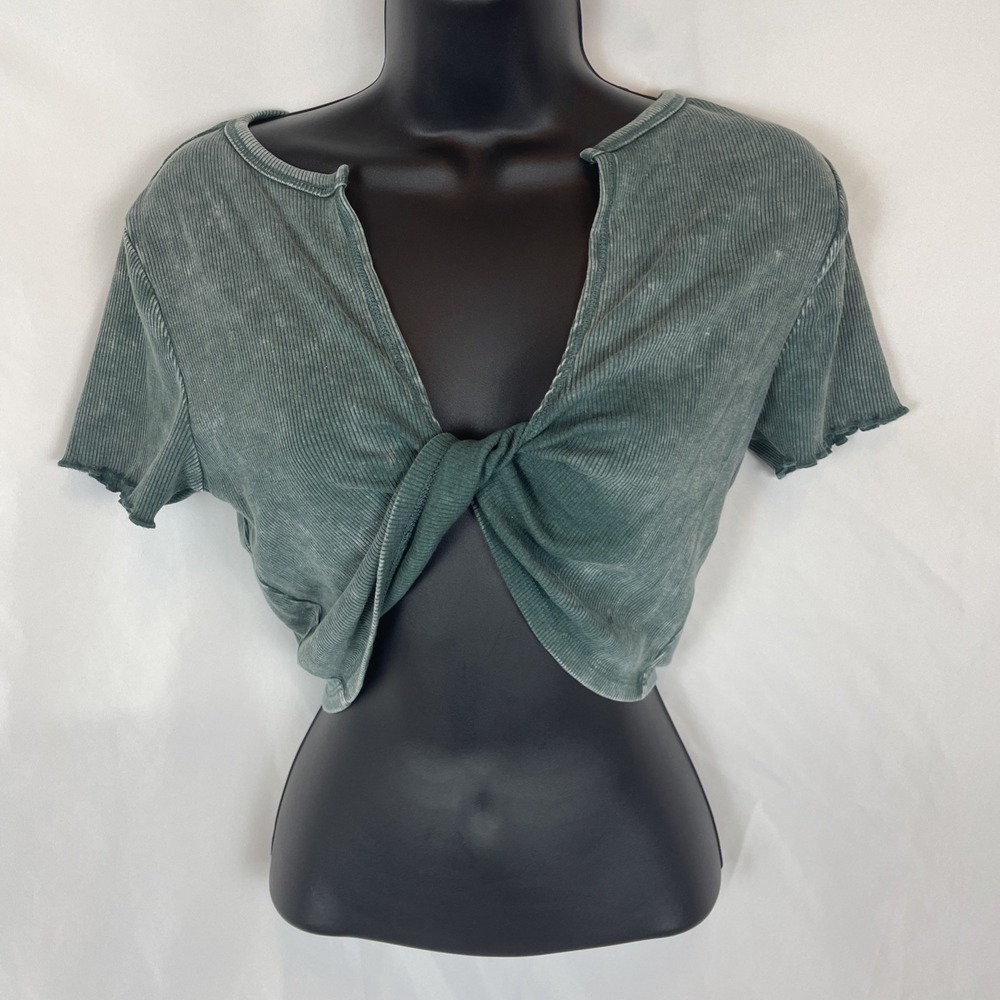 Wild Fable Crop Tie Up Tee Shrug Dark Teal Blue Ribbed Knit Top Womens Small